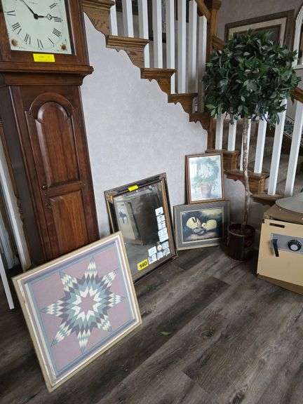 Wall Mirror, framed prints, lighted potted tree image