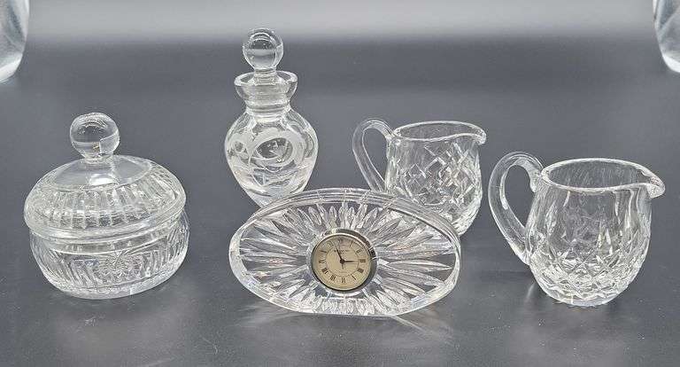 5 pieces Waterford Crystal: clock, perfume, 2 creamers, covered jar image