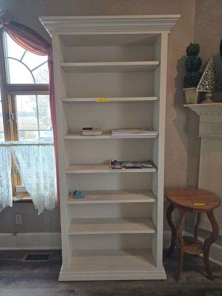 Painted white bookshelf with contents image