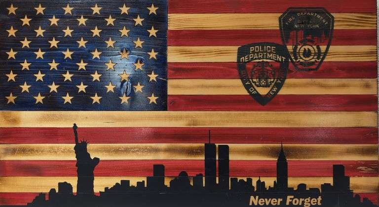 Wood Flag Sign, NYC Skyline NYPD/NYFD Emblems 9/11 Commemorative, 19 3/4 x 35 5/8 in. image