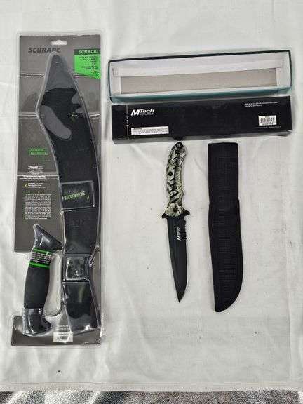 2X KNIFE LOT( NIB, SCHRADE SCHMACH1 MACHETE, MTECH 440 STAINLESS STEEL KNIFE AND SHEATH) image