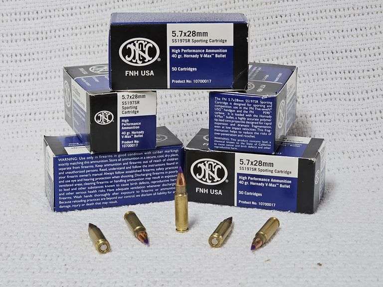 Hornady V-Max,FN 5.7x28 SS197SR Sporting Cartridges 40 gr. Ammunition(50 Cartridges each, 5 boxes) image