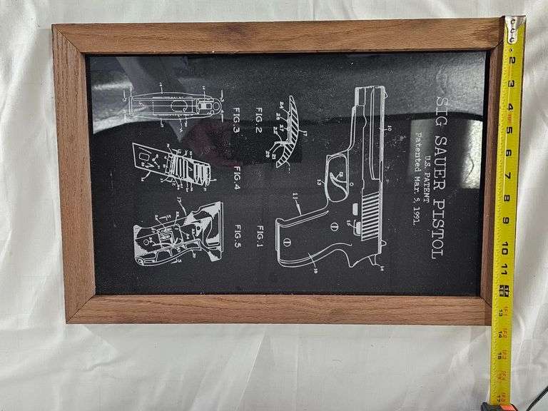 3X PISTOL PATENT BLUEPRINT WALL DECORATION, WOOD FRAMED, SIG SAUER, GLOCK, J.M. BROWNING image