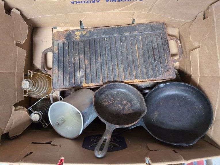 Box Lot of Cast Iron Cookware and Metal Items image