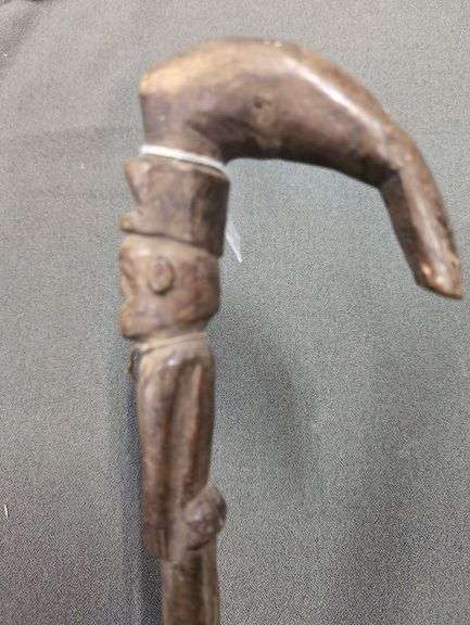 Hand Carved Wooden Walking Stick with Detailed Face image