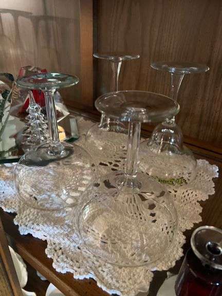 Shelf lot: stemware, hat pin holder, paperweight and more