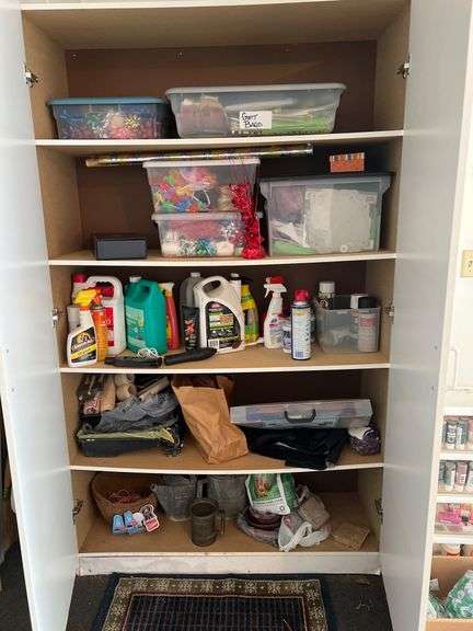 Cabinet and contents, gift bags, ribbons craft supplies, household supplies, Brincolines, painters, trays, and more