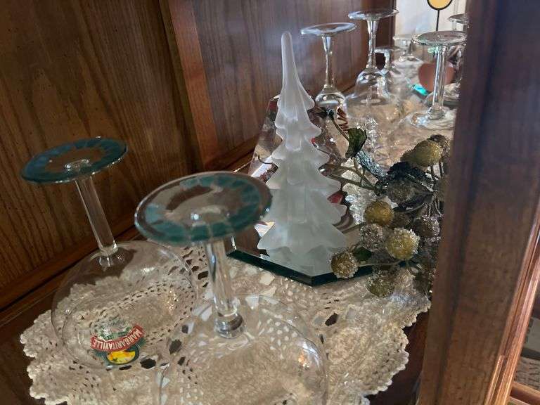 Shelf lot: stemware, hat pin holder, paperweight and more