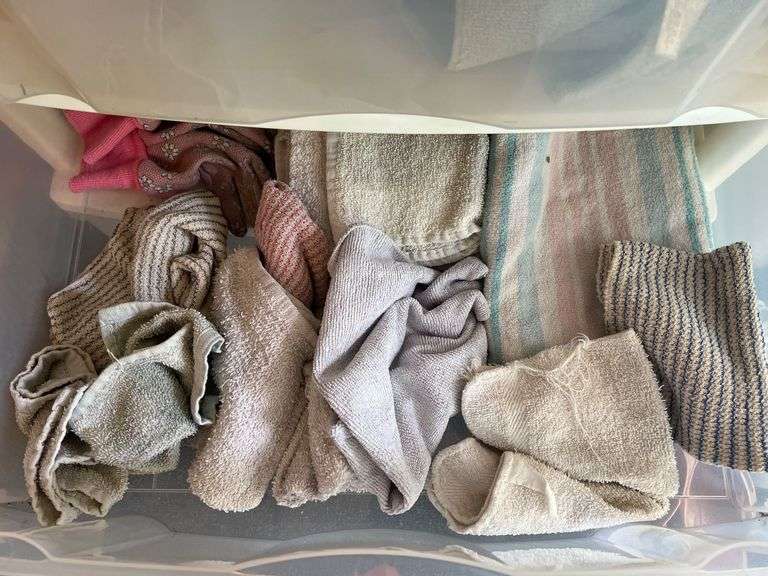 Organizers with pool care, shop rags towels and household miscellaneous