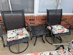 Outdoor lounge chair, two swivel rockers side table