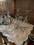 Shelf lot: stemware, hat pin holder, paperweight and more