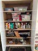 Cabinet and contents, gift bags, ribbons craft supplies, household supplies, Brincolines, painters, trays, and more