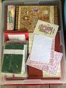 20 totes of Christmas cards, ribbon, collectibles dishes, baskets, sewing, 20 totes in total