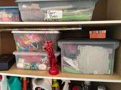 Cabinet and contents, gift bags, ribbons craft supplies, household supplies, Brincolines, painters, trays, and more