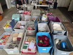 20 totes of Christmas cards, ribbon, collectibles dishes, baskets, sewing, 20 totes in total