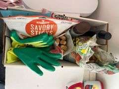 Organizers with pool care, shop rags towels and household miscellaneous