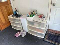 Organizers with pool care, shop rags towels and household miscellaneous