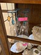 Shelf lot: stemware, hat pin holder, paperweight and more