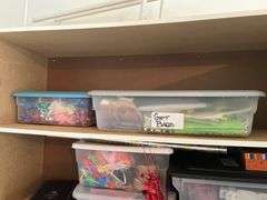 Cabinet and contents, gift bags, ribbons craft supplies, household supplies, Brincolines, painters, trays, and more
