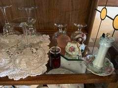 Shelf lot: stemware, hat pin holder, paperweight and more