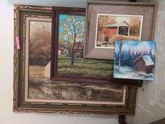 Group of Four Framed Barn and Mill Scene Paintings