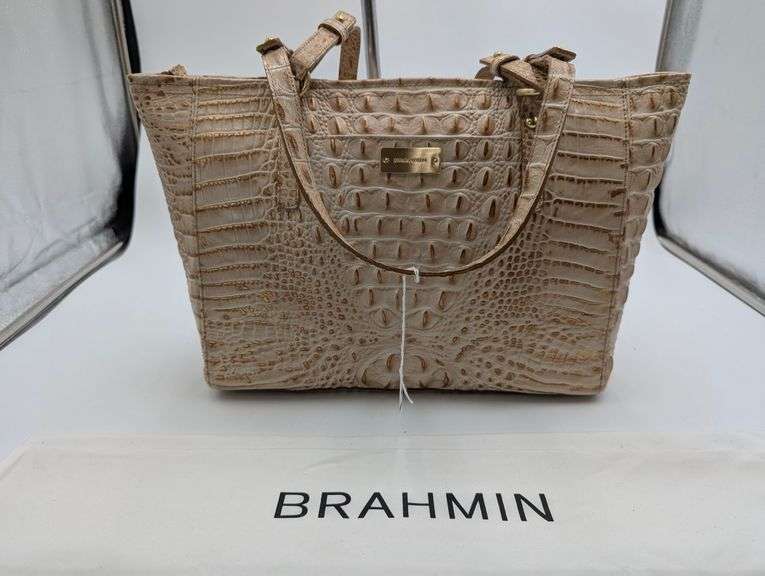 Brahmin “Asher” cream and gold color embossed leather tote image