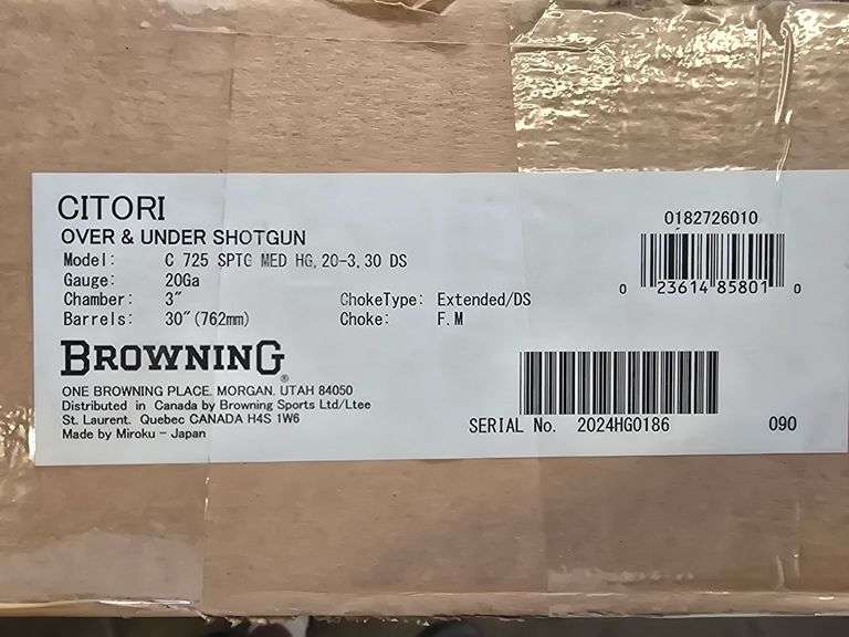 Unfired BROWNING CITORI MODEL C725 SPORTING MEDIUM GRADE HG, 20-3, 30 DS  20 GAUGE   OVER AND UNDER SHOTGUN  SN# 2024HG0186  3" CHAMBER, 30" BARREL,