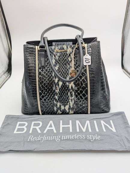 Brahmin “Alice Carry All” black embossed and faux snake skin tote image