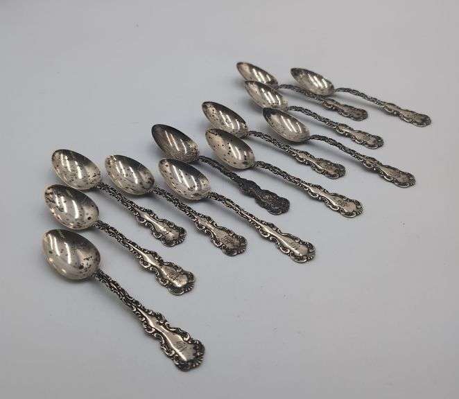 12 sterling silver teaspoons pat 1891 5.57 ozt image