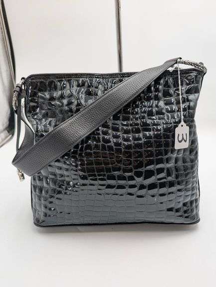 Brighton black faux crocodile embossed black patent leather hobo style bag image