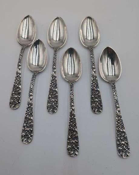 6 Steiff sterling silver Repoussé style teaspoons 7.06 ozt image