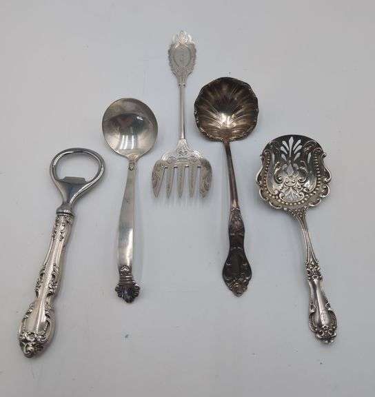 4 ozt Sterling handled bottle opener, sugar spoons, small ladle, coin silver sardine fork image