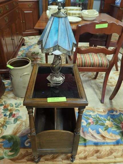 Glass Top Magazine End Table & Stained Glass Lamp image