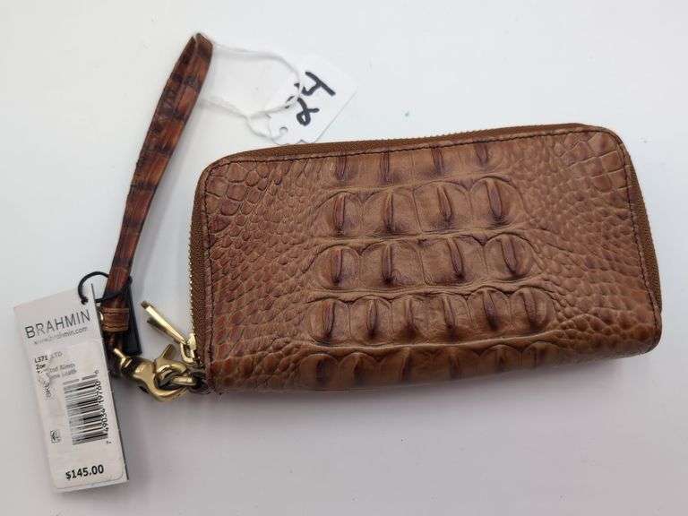 Brahmin “Zoe” toasted almond embossed leather double zip around wallet image