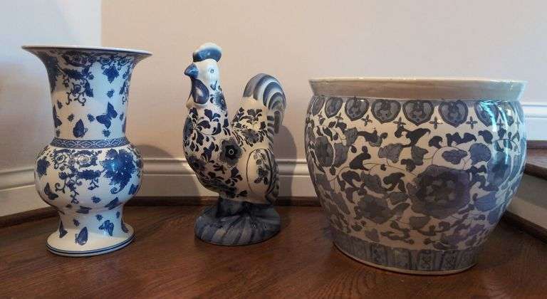 Blue and White Porcelain Style Vase, Rooster Figurine, and Planter Pot image