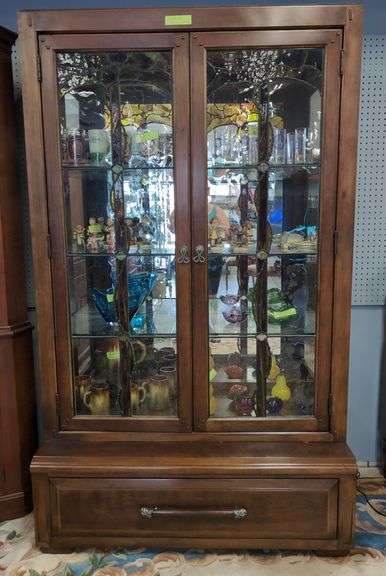 Lighted Stained Glass Display Cabinet, Arts & Craft Style, Brass Tag Bernhardt, 46"x24"x75", Storage Drawer on the Bottom image