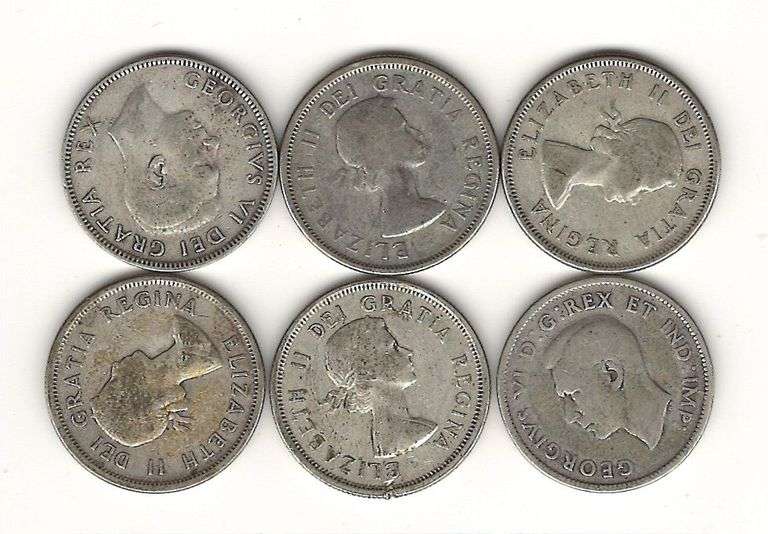 six mixed date Canadian silver quarters image