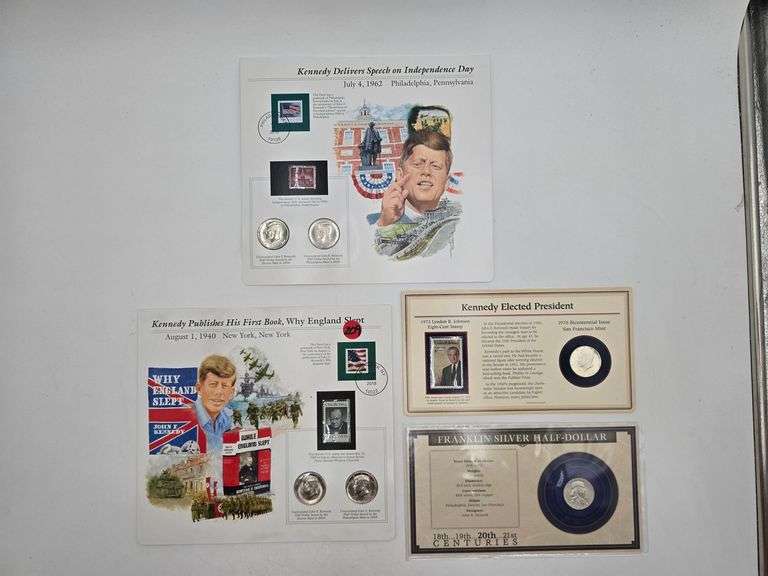 Franklin Silver half, and 5 various Kennedy Halves with stamps image