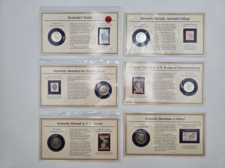 six Kennedy Half Dollars with stamps (2clad) image