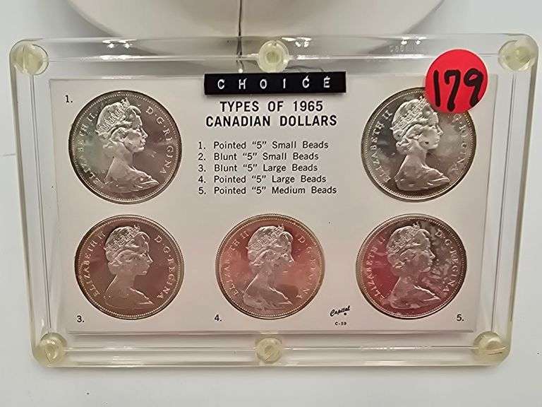 Types of 1965 Canadian SIlver Dollars set of 5 coins Uncirculated in Capital Plastic image