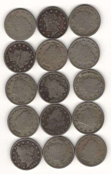 fifteen Liberty V nickels mixed date image