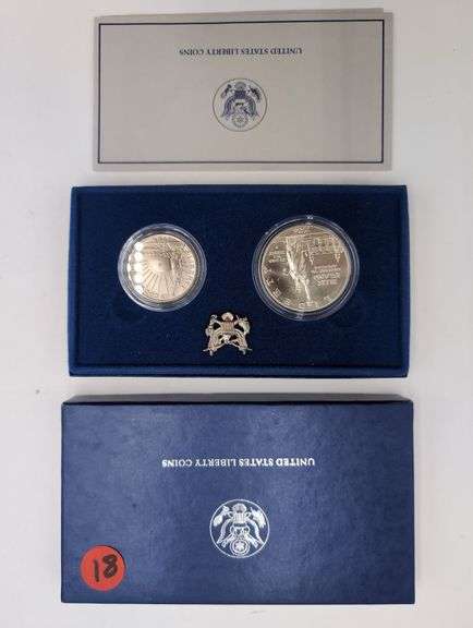 1986 United States Liberty Silver Dollar 2 Coin Set Proof with box and papers image