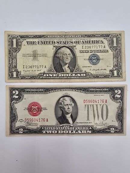 Series of 1928 Red Seal $2.00 Bill and one $1.00 Silver Certificate image