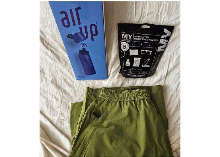 Water Bottle, Men's Running Shorts and a Tech Smart Kit
