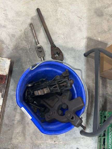 Bucket of Various Tools Including Greenfield Tap & Die No. 7 Tap Wrench image