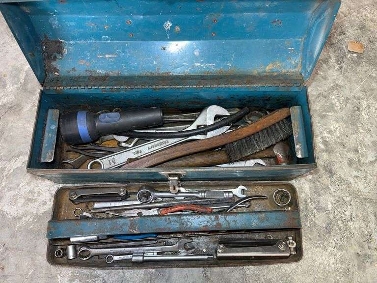 Vintage Metal Tool Box with Assorted Tools image