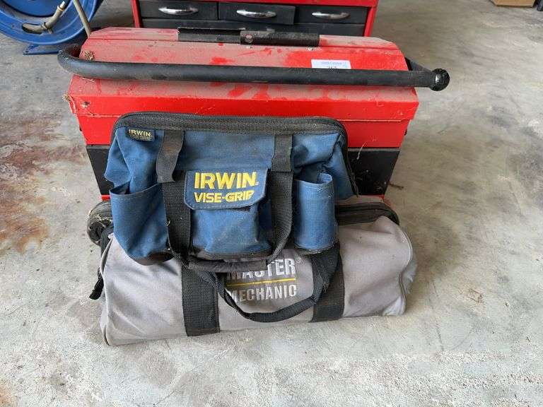 Rolling Red Metal Toolbox with Irwin and Master Mechanic Tool Bags image
