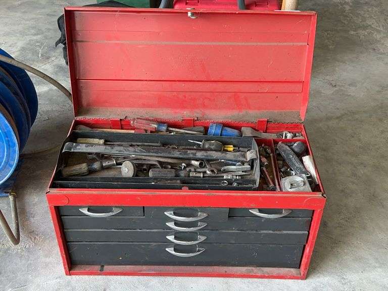 Red Metal Tool Chest with Assorted Tools image