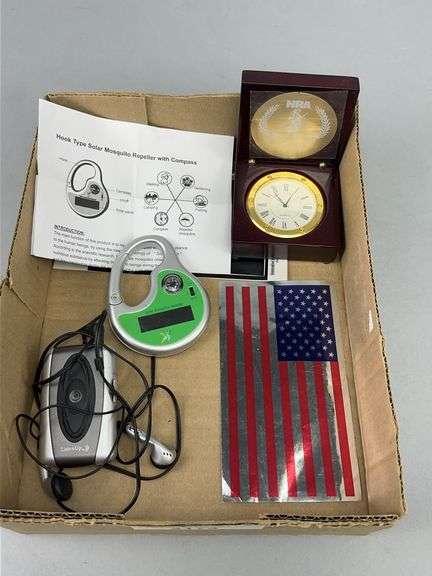 Box Lot: NRA Clock, Solar Mosquito Repeller, Airborne Decal, Listen Up Device image
