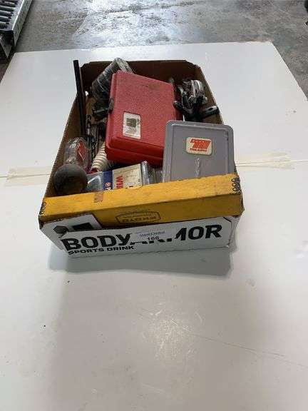 Assorted Tools in Box Including Proto Torque Wrench, Drill Bit Set, and More image